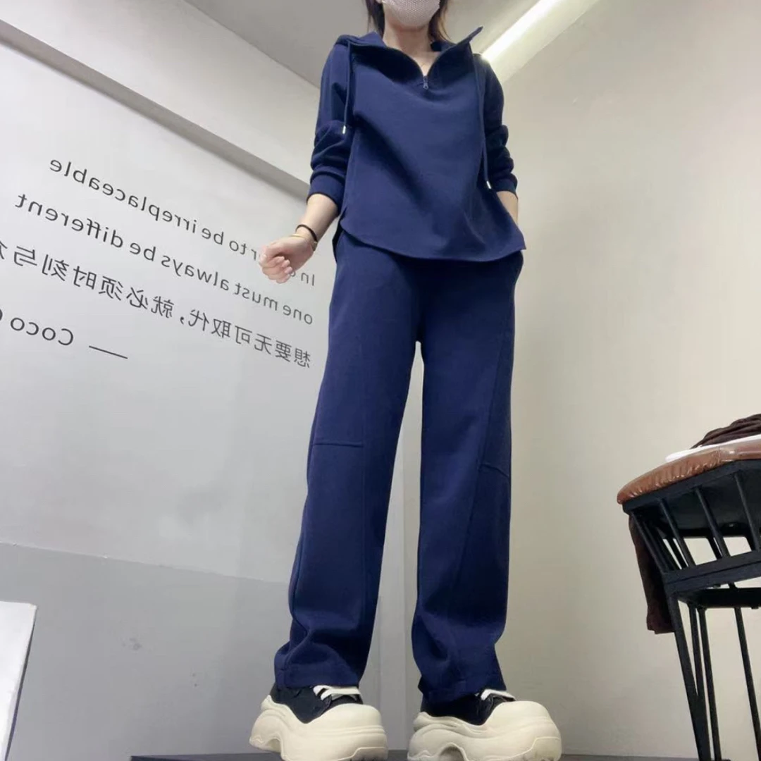 大码秋季宽松显瘦大码连帽长袖T恤卫衣搭配阔腿裤休闲洋气套装