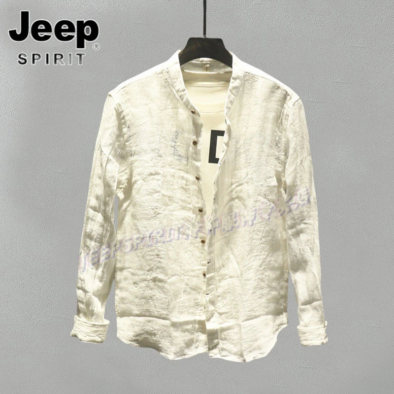 Jeep吉普基础亚麻长袖衬衫男春秋款男装潮牌痞帅青年帅气立领衬衣