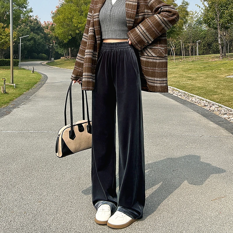 早秋高腰垂坠感阔腿裤糯米裤秋冬金丝绒加厚垂感拖地裤不掉色2025