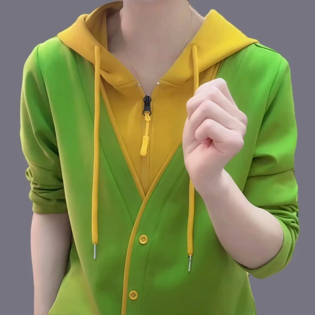 气质假两件连帽卫衣女撞色领春季新款2025时尚套头打底衫上衣女装