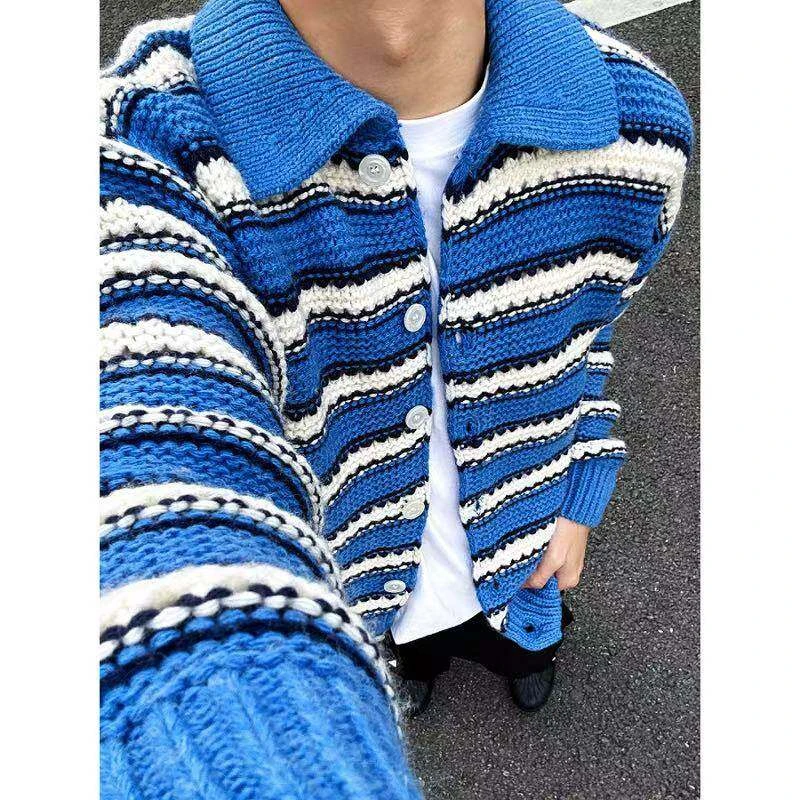 蓝白条纹开衫毛衣美式复古cleanfit粗线针织翻领外套男潮宽松上衣