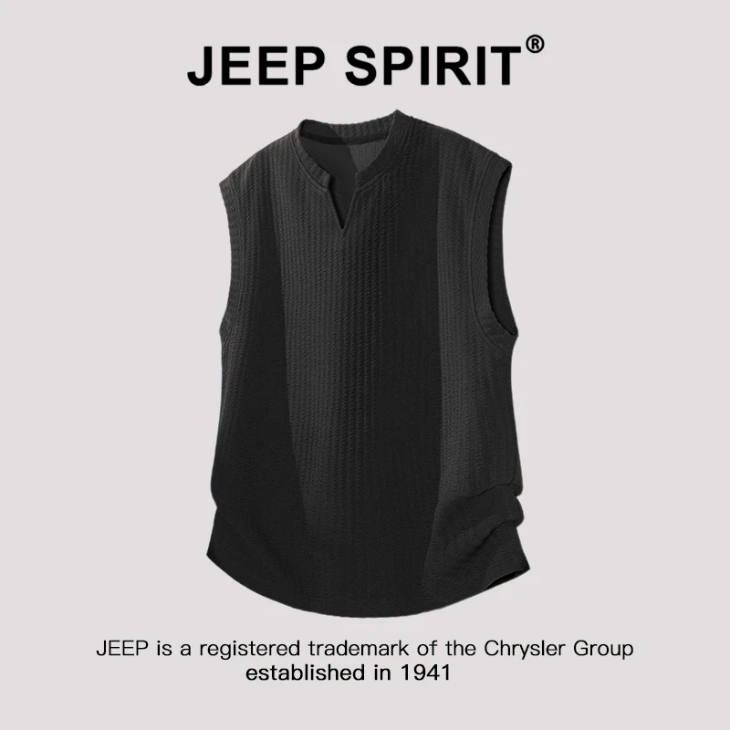 JEEP SPIRIT吉普无袖背心男款夏季爆款V领肌理感美式休闲T恤上衣