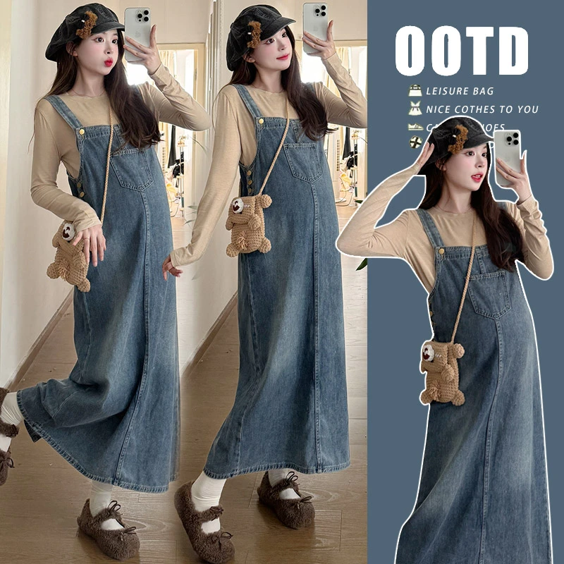 孕妇装2025春秋季新款韩版减龄小个子宽松显瘦牛仔孕妇背带裙套装
