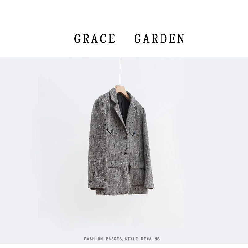 GRACE GARDEN【人字纹猎装！】挺阔粗花呢中长款小香风外套XZ4J1823