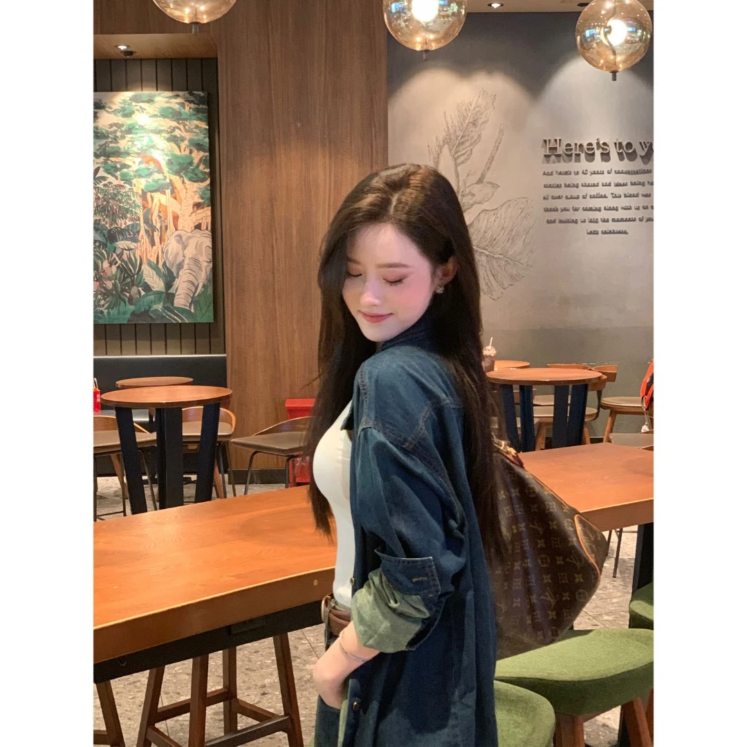 2024秋季复古单宁牛仔衬衫女新品微廓形长袖衬衣气质牛仔外套