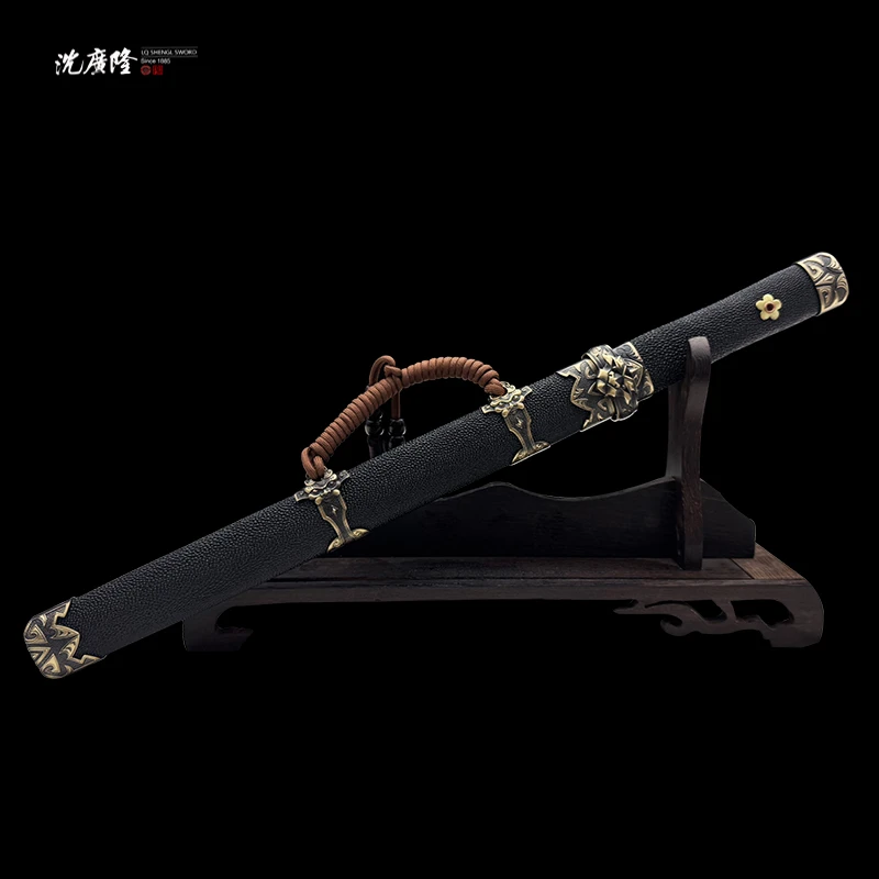 龙泉沈广隆-短款虎啸唐刀 镜面 黑鱼皮 宝剑 未开刃