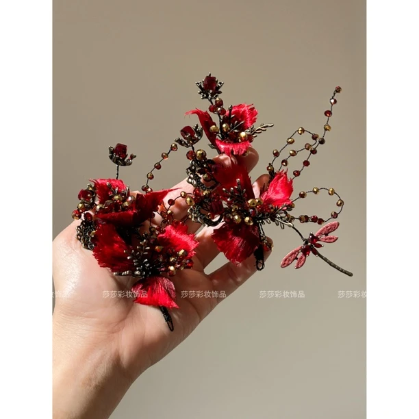T7209酒红色绒花发夹新中式订婚敬酒新娘头饰