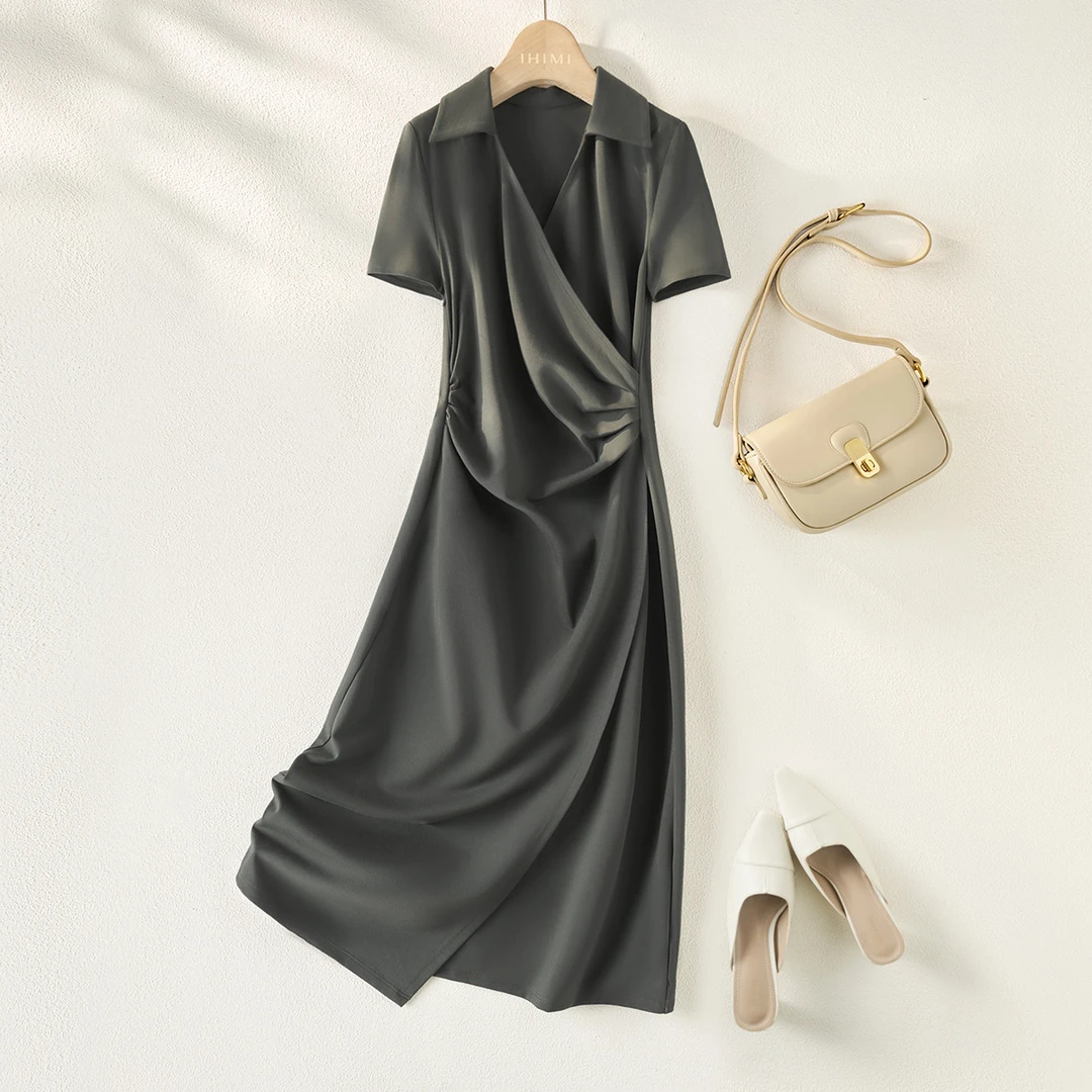 IHIMI2025夏新款女装时尚纯色设计气质通勤显瘦中长款连衣裙2569