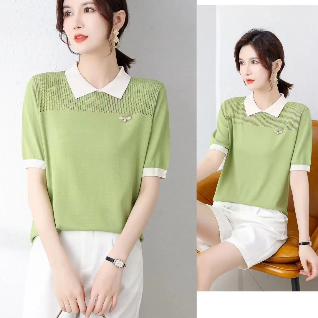 【亏本清！】天丝针织小衫短袖薄款减龄POLO领上衣（衣长56）