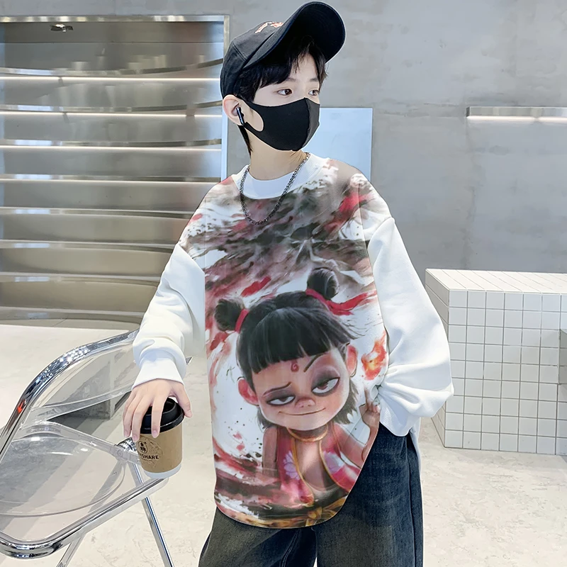 春秋新款T恤哪吒魔童闹海儿童长袖T恤国潮动漫男女童百搭时尚服装