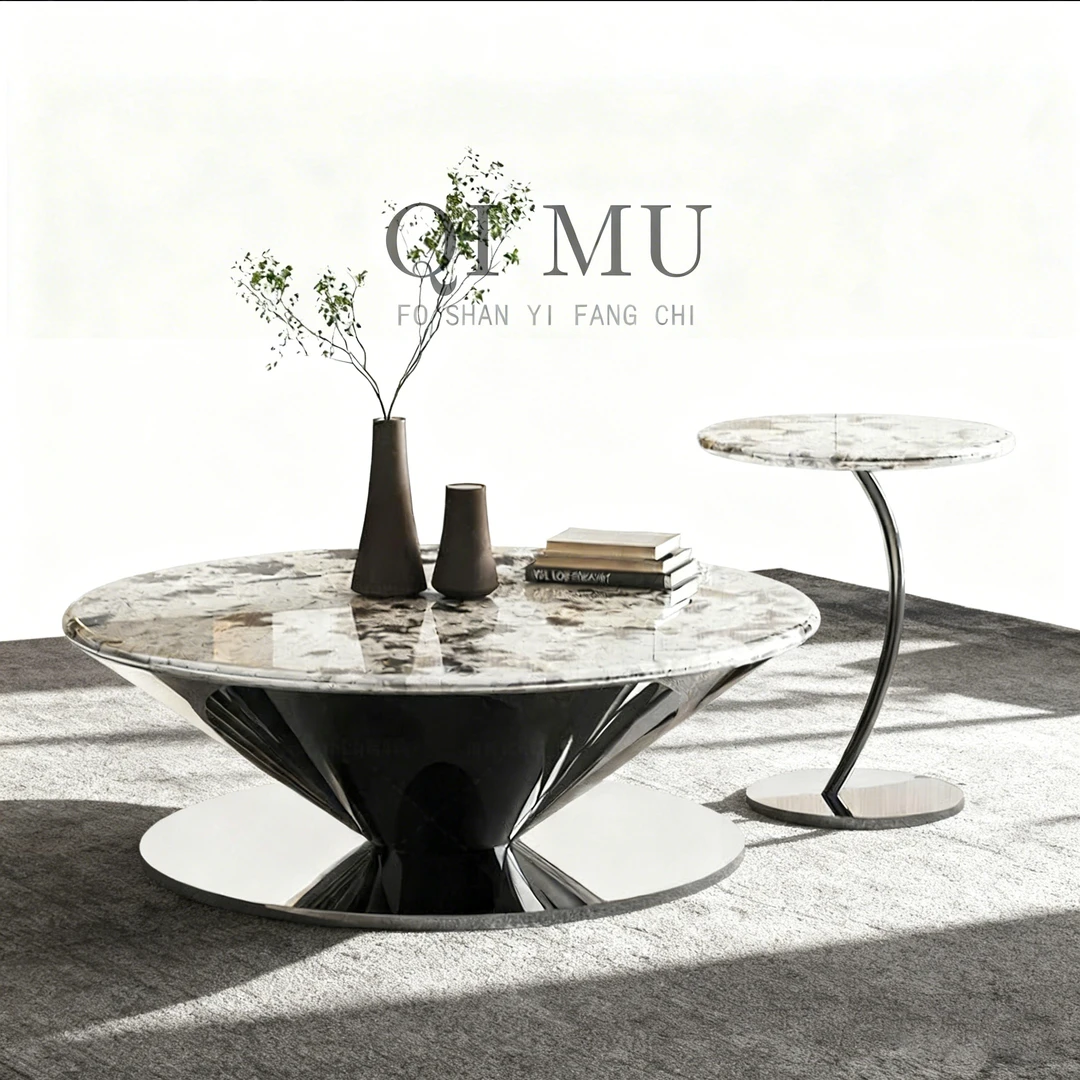 天然大理石雪山兰飞碟悬浮茶几意式高级轻奢客厅圆形奢石茶几