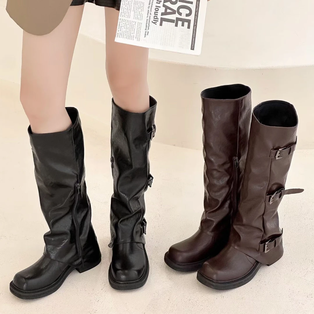 Hotwind热风爆款高筒长靴女2025新款秋季西部牛仔堆堆靴骑士靴