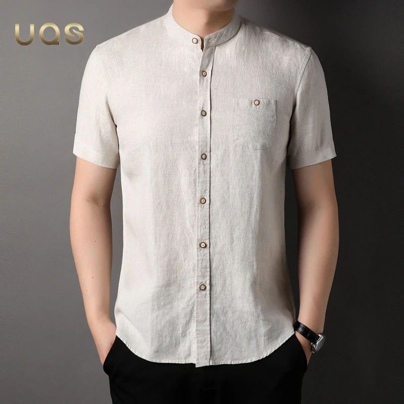 纯亚麻男装夏季短袖衬衫中山装中国风立领简约大气日常薄款百搭款