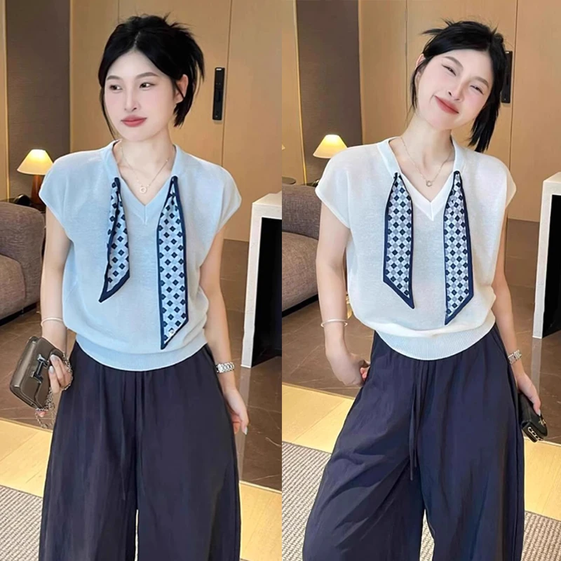 网红洋气丝巾拼接v领针织衫女夏季别致独特小衫韩版休闲短袖上衣