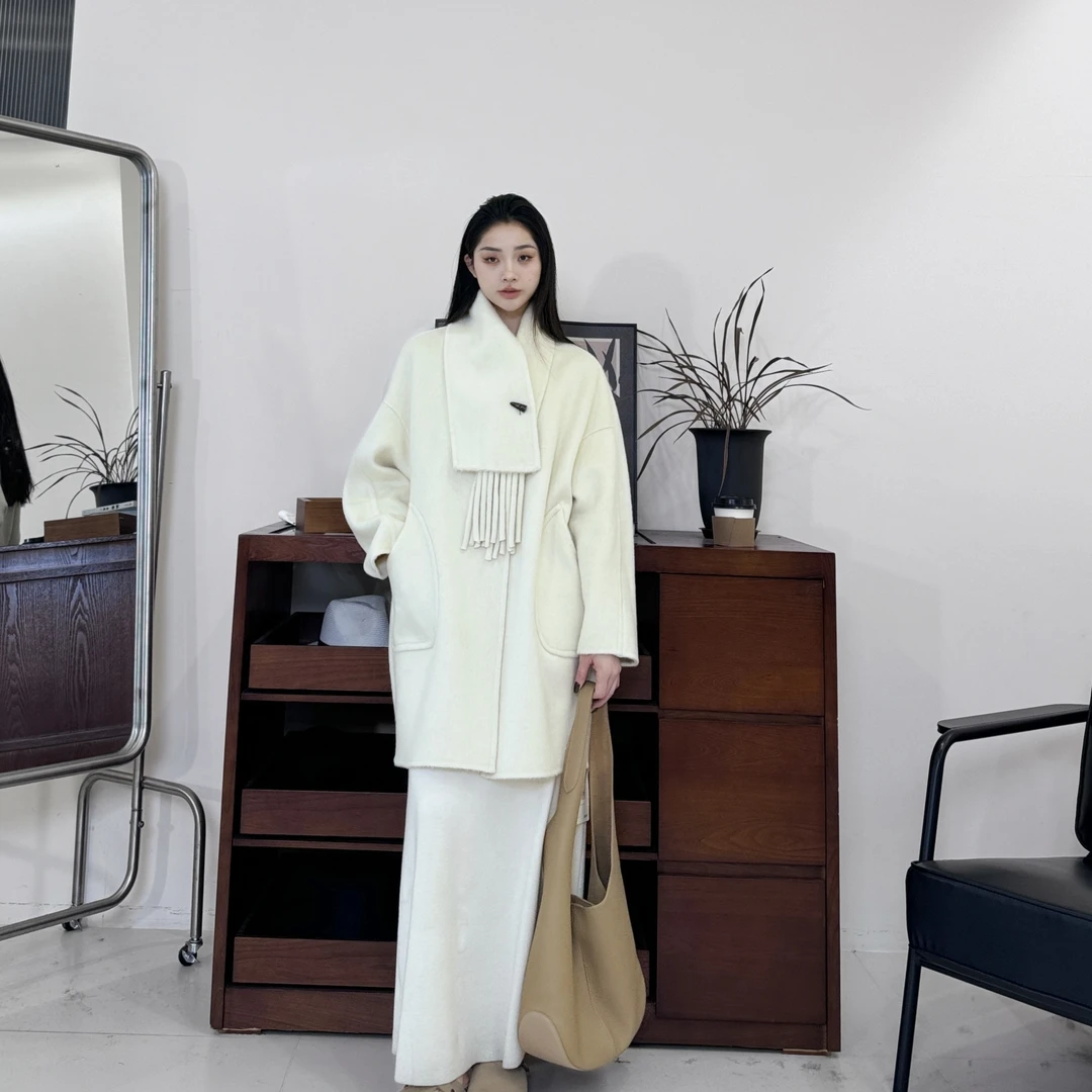 euri牦牛绒•桑蚕丝•绵羊毛｜设计师带围巾羊毛双面呢大衣-MY5627