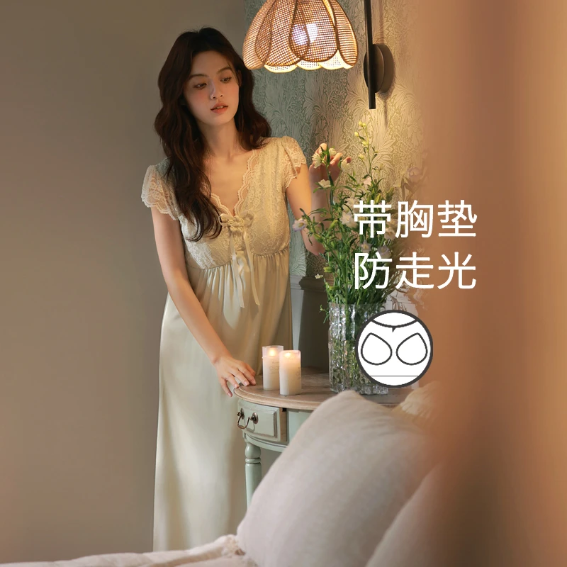 思莉太太【波子汽水】睡裙女款夏季凉感冰丝带胸垫法式性感蕾丝长裙
