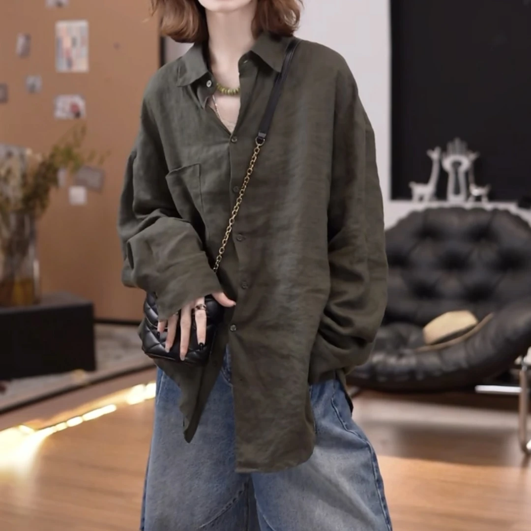 廓形宽松纯色衬衫女2025春秋新款简约休闲中长款亚麻开衫长袖上衣