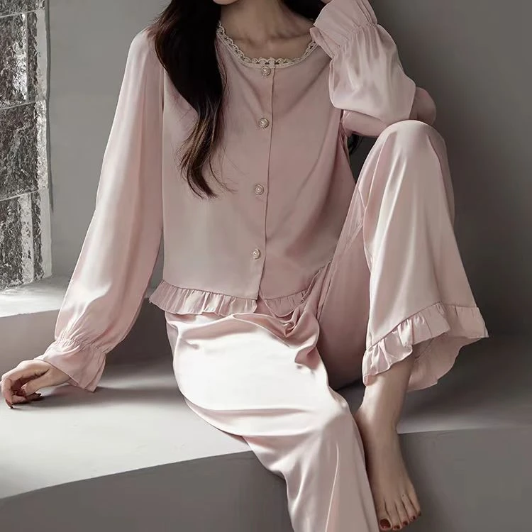 新款冰丝长袖睡衣女款春夏秋季甜美印花花边可外穿舒适家居服套装