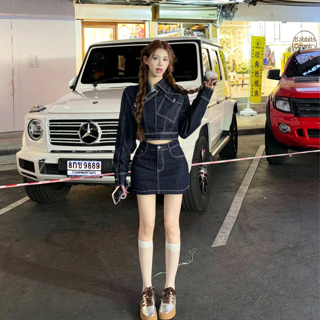 XIAOXIN【线条牛仔】秋季百搭牛仔套装外套+半身裙LWJ23C3TZ629