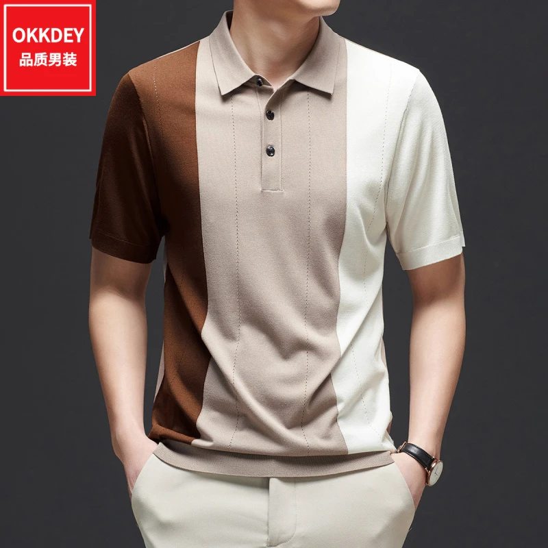 夏季薄款撞色短袖针织男士高级感翻领t恤时尚条纹半袖休闲polo衫