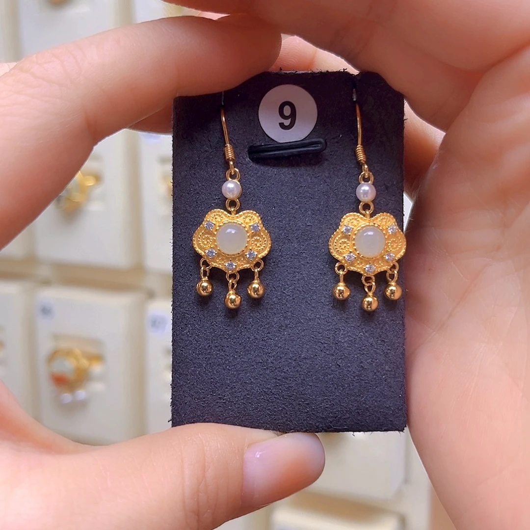 和田玉银S925镀金镶嵌耳饰