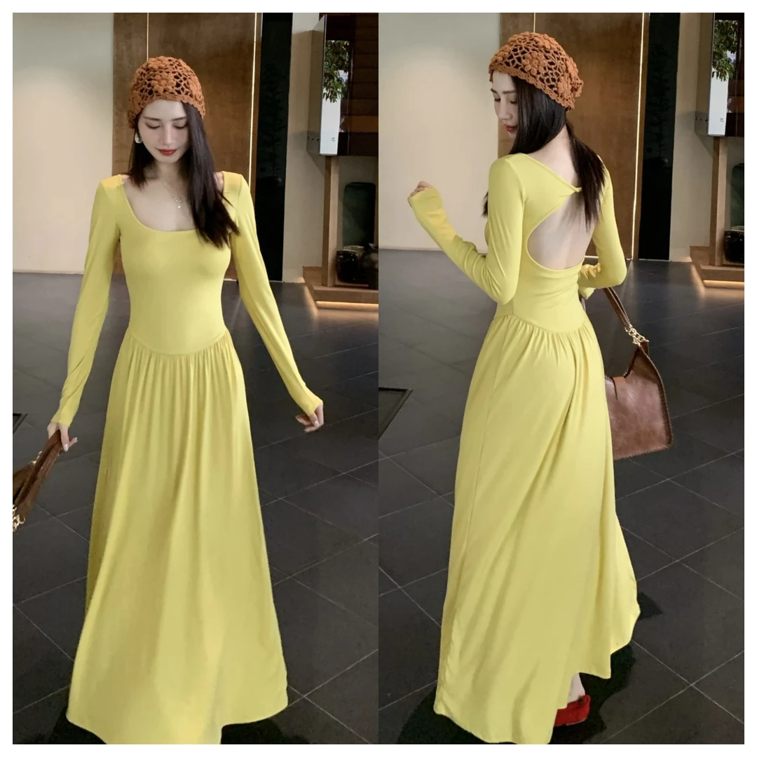 带胸垫百搭显瘦镂空露背设计长袖连衣裙秋夏韩系包收腰气质长裙子