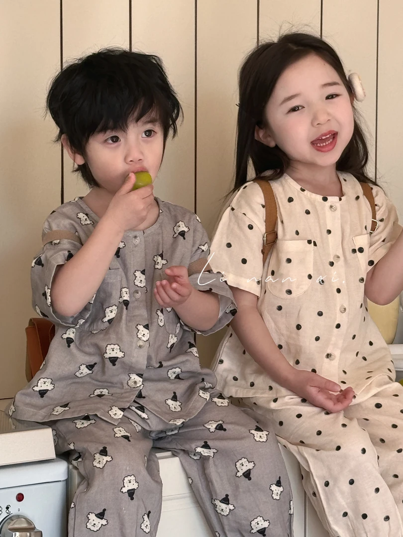 儿童夏季新款纯棉纱宝宝家居服可爱韩版男女童睡衣套装两件套