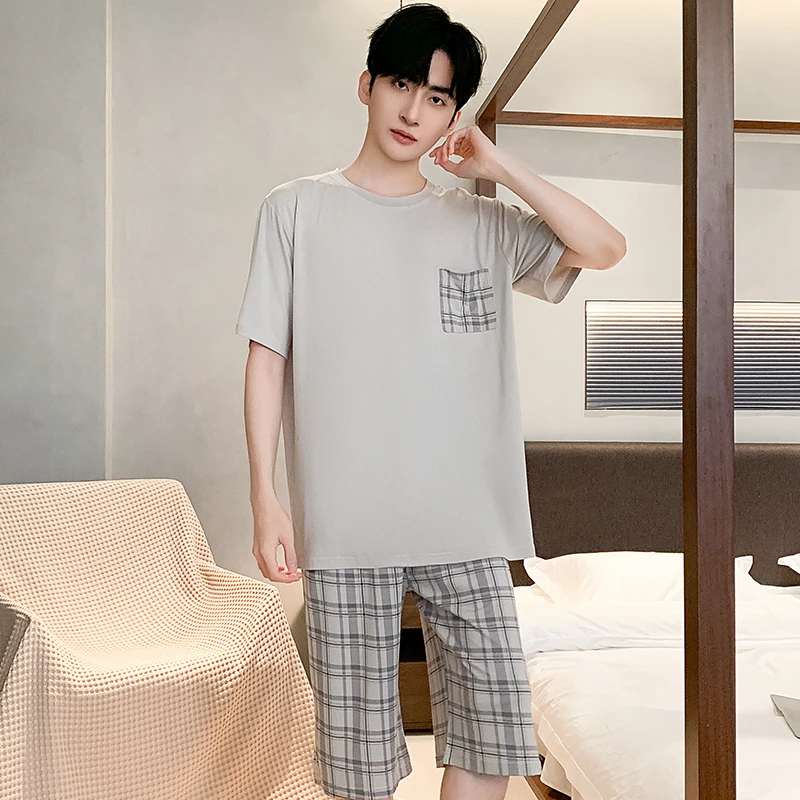 夏天莫代尔男士夏季冰丝简约款套头睡衣短袖圆领可外穿家居服套装