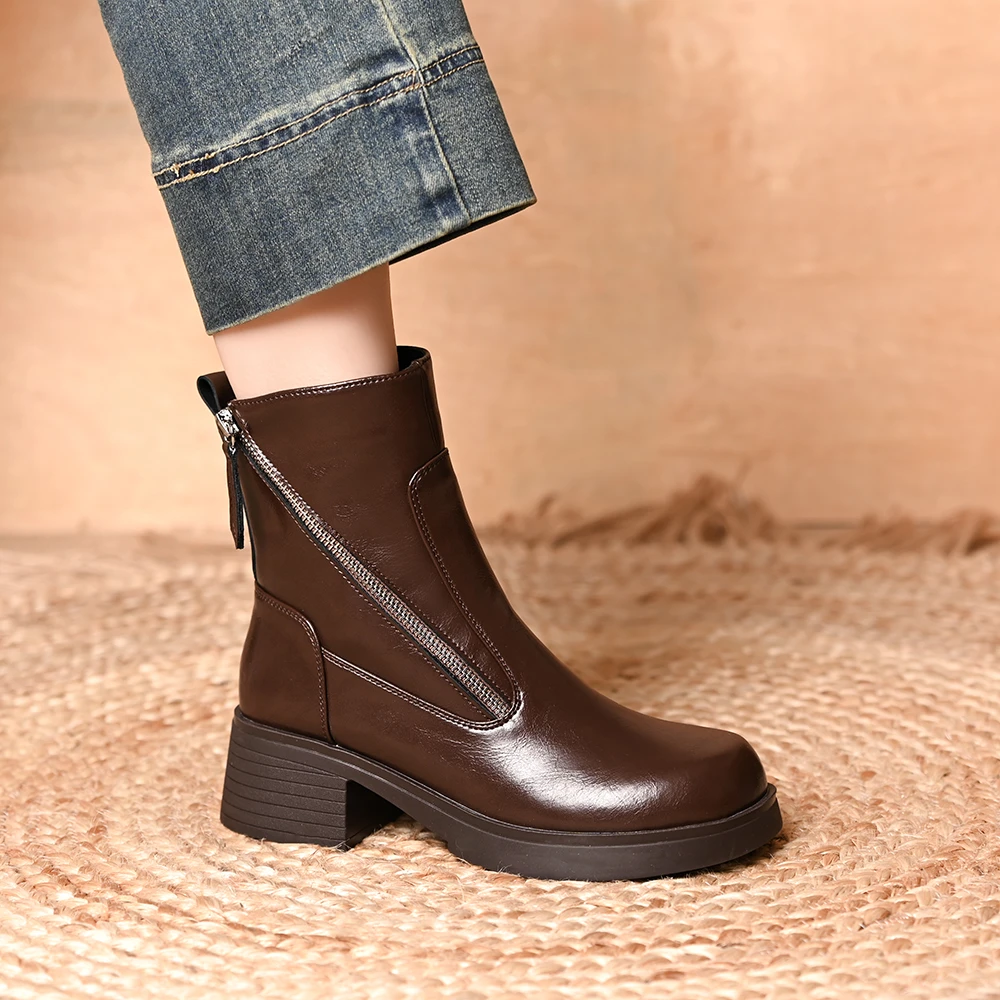 厚底圆头粗跟马丁靴女秋冬季新款英伦风侧拉链软皮舒适中跟小短靴