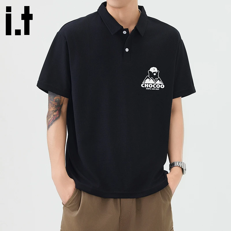 i.t:CHOCOOLATE黑色polo衫短袖男士2025夏季宽松潮流百搭翻领上衣