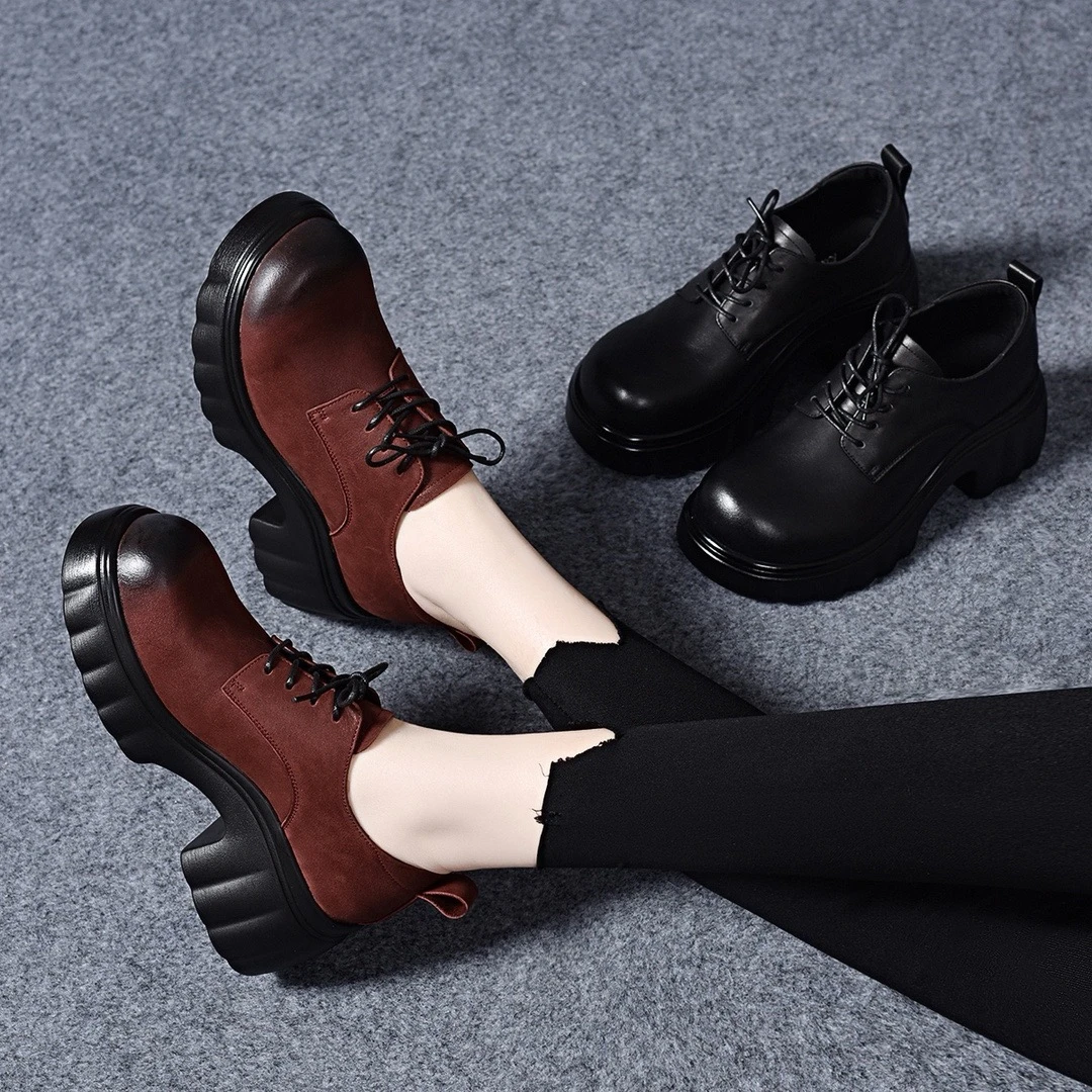 头层牛皮百搭女鞋真皮粗跟厚底鞋子春秋英伦风小皮鞋软底深口单鞋