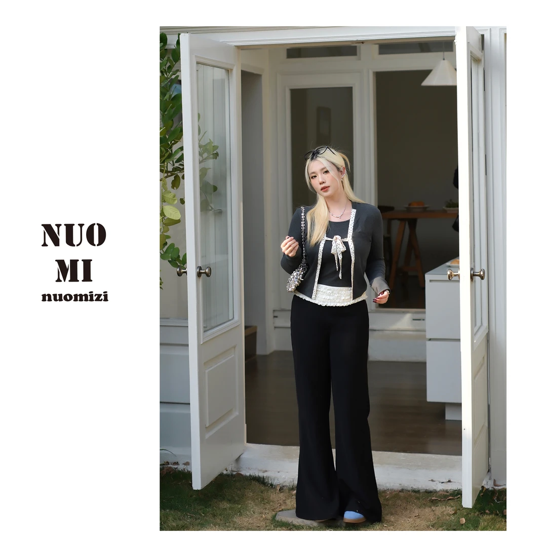 ZOZ糯米子[漫画腿]高级感女初春褶皱花边微喇阔腿裤垂感直筒长裤