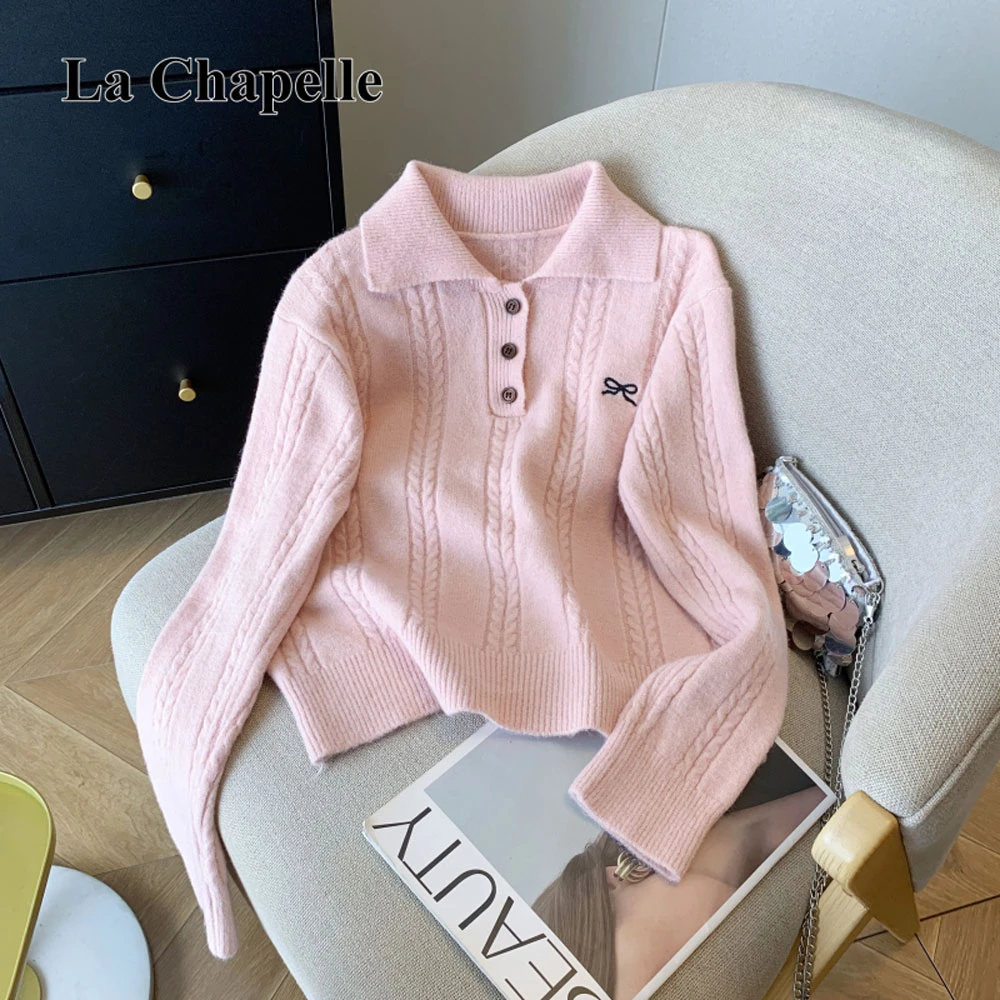 拉夏贝尔慵懒翻领麻花宽松刺绣复古针织衫毛衣女通勤百搭显瘦上衣