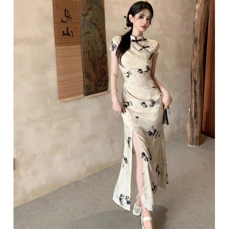 新中式水墨旗袍连衣裙女夏季新款收腰年轻款国风气质印花长裙女款