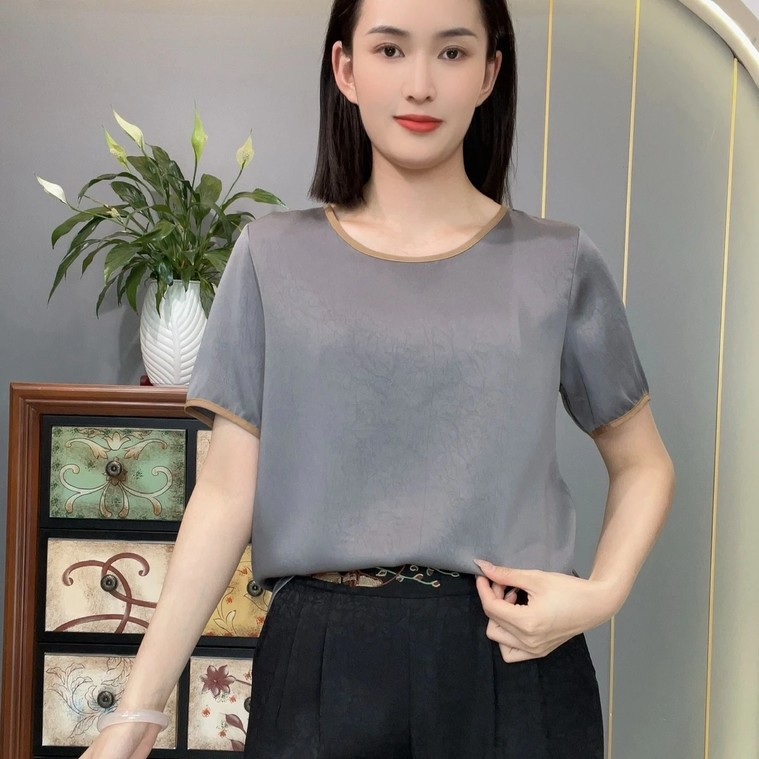 2025夏季新款圆领短袖洋气百搭女士大码显瘦减龄纯色简约上衣小衫