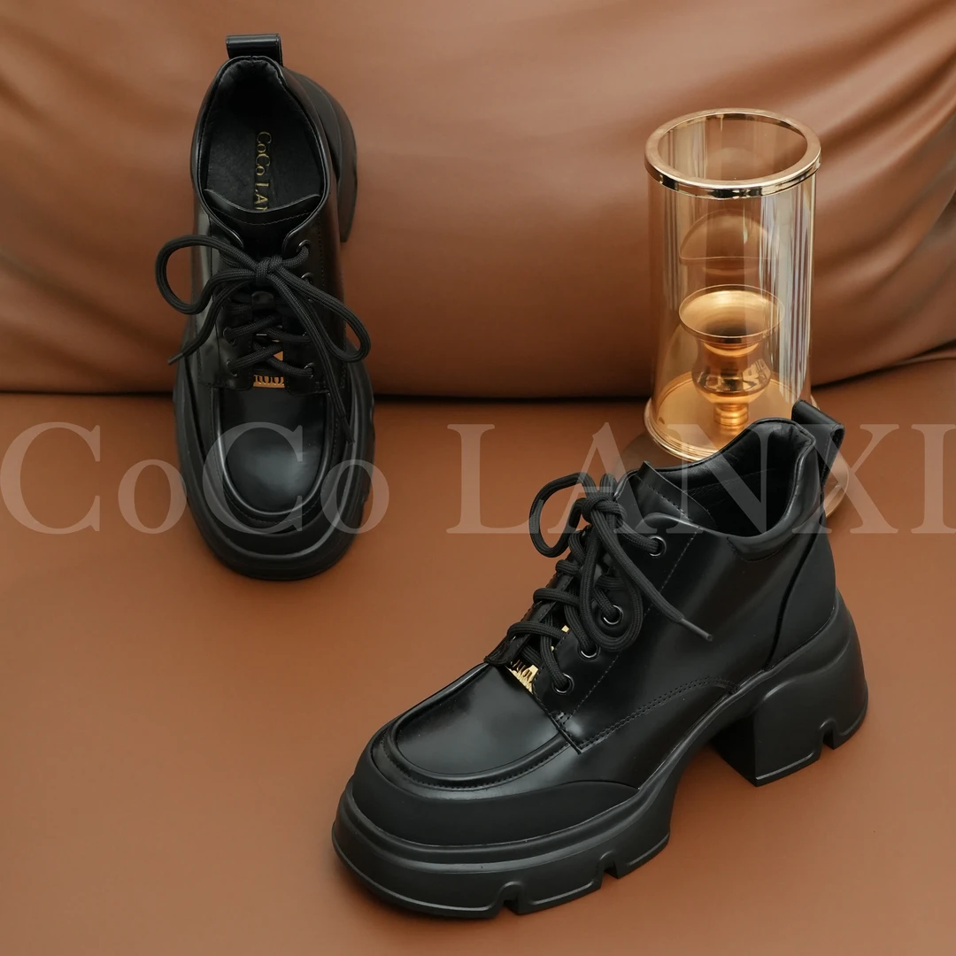 【沐风】真皮方头短靴英伦风高跟厚底松糕底23X111