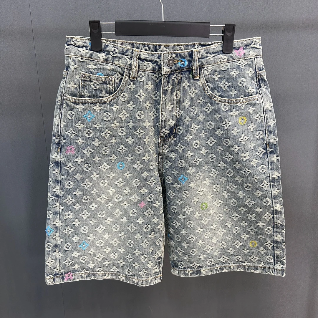 巴黎风潮牌水洗提花牛仔短裤夏季薄款痞帅设计感裤子男士宽松美式