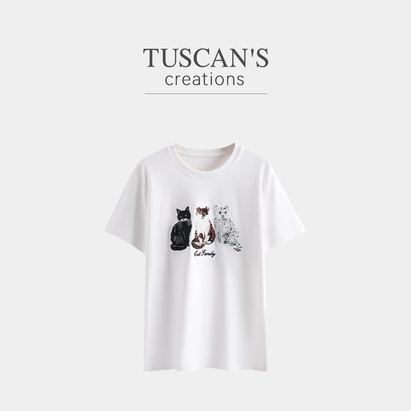 TUSCAN'S CREATIONS休闲百搭圆领立体小猫图案宽松T恤时代双鱼
