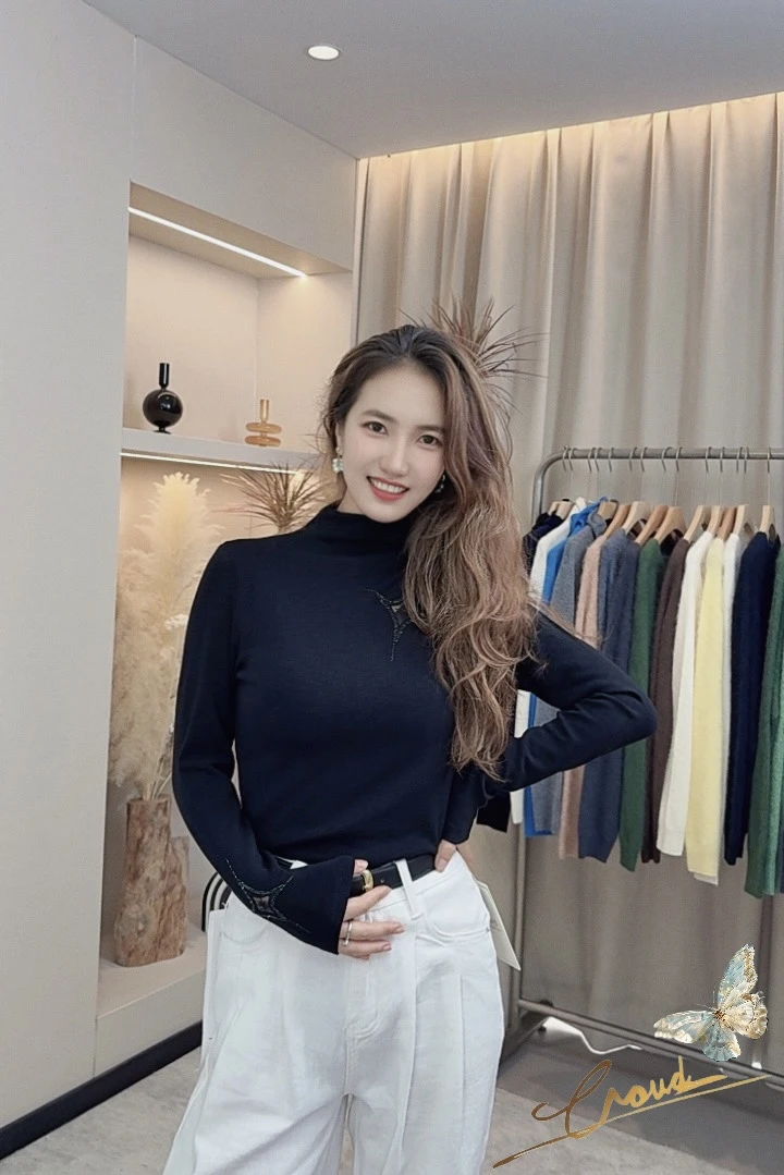 纯色圆领半高领褶皱加绒长袖针织T恤显瘦时尚短袖女士百搭修身