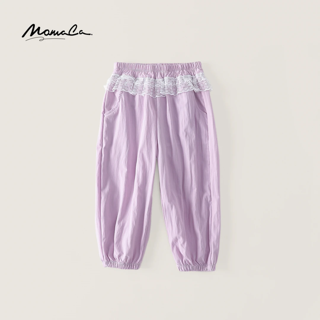 MOMOCO女童夏季简约紫色蕾丝花边束脚休闲裤77630354018