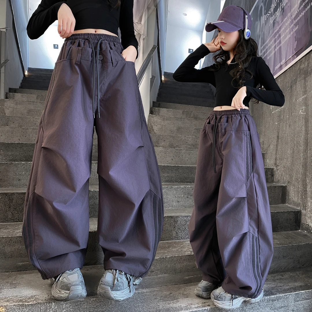 女童潮流休闲裤裤子秋季美式痞帅高街条纹宽松阔腿弯刀裤休闲长裤