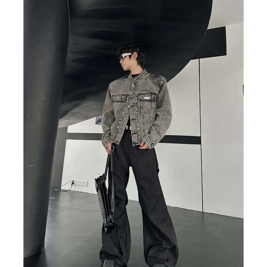 F16#某饱近2张！小众做旧水洗垫肩立领牛仔外套 毛边设计夹克男