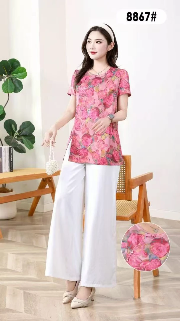 8867#新中式国风复古盘扣翻领时尚气质洋气夏季短袖两件套套装
