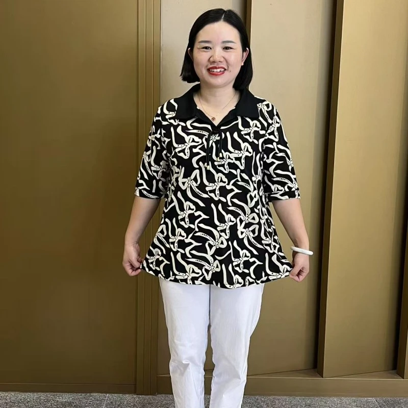 夏季新款翻领印花宽松显瘦洋气大码中袖上衣