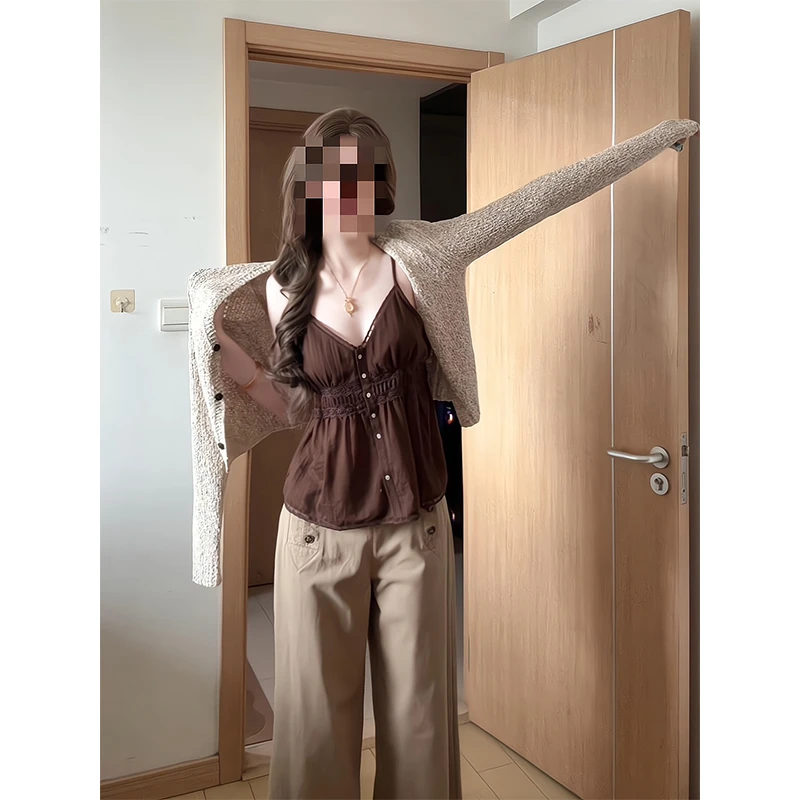 2025新款女士早秋季慵懒风圆领针织开衫内搭吊带上衣宽松阔腿裤子