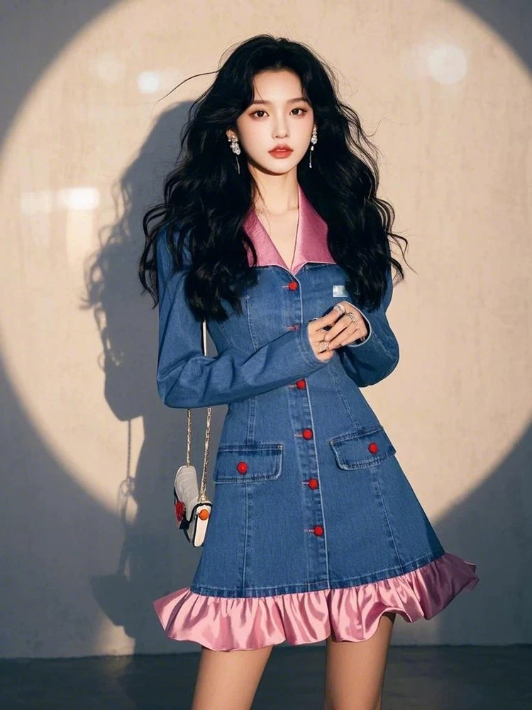 4389春夏新款今年超火高级感超好看气质短裙千金风牛仔拼接连衣裙