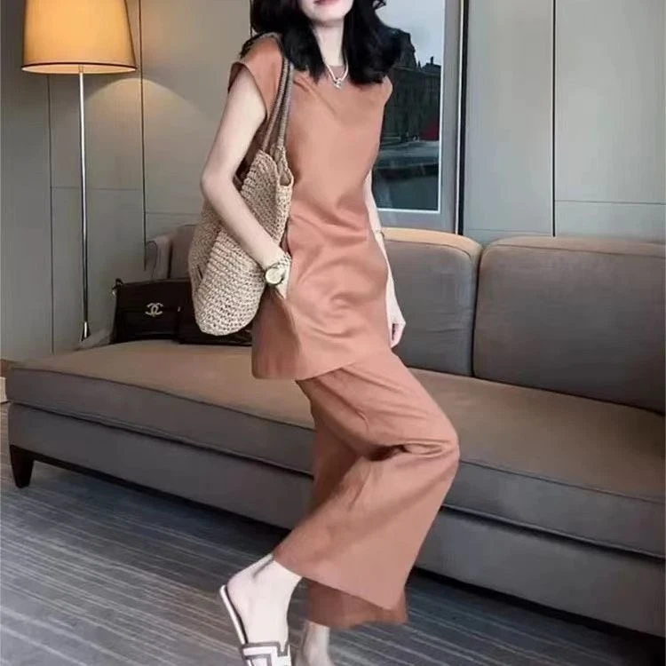 欧货高端休闲砍袖阔腿裤套装女夏薄款透气舒适两件套高级感潮春女