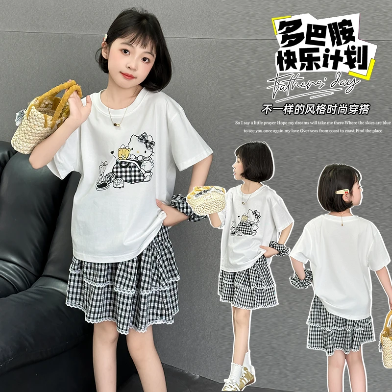女童夏装套装2025新款洋气女大童韩版猫咪短袖夏款格子短裙两件套