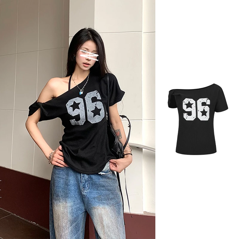 Moses Queen/魔西女王美式辣妹露肩设计短袖T恤宽松显瘦斜肩上衣