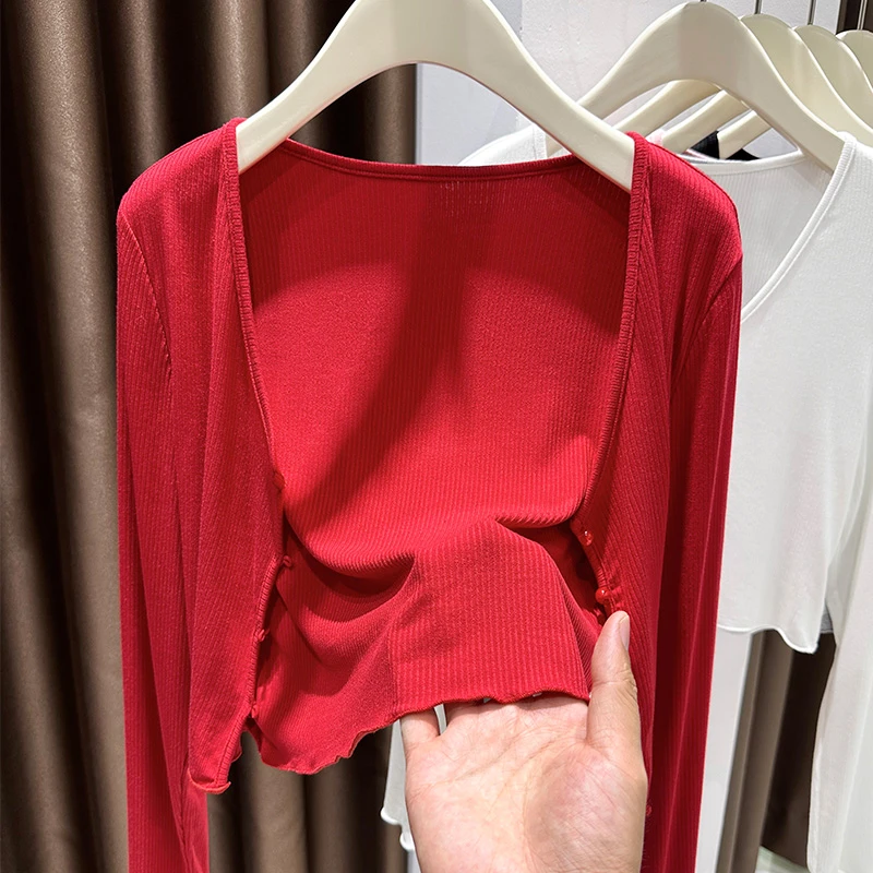 韩版休闲红色防晒衫女夏季薄款冰丝开衫小坎肩短外套V领针织上衣